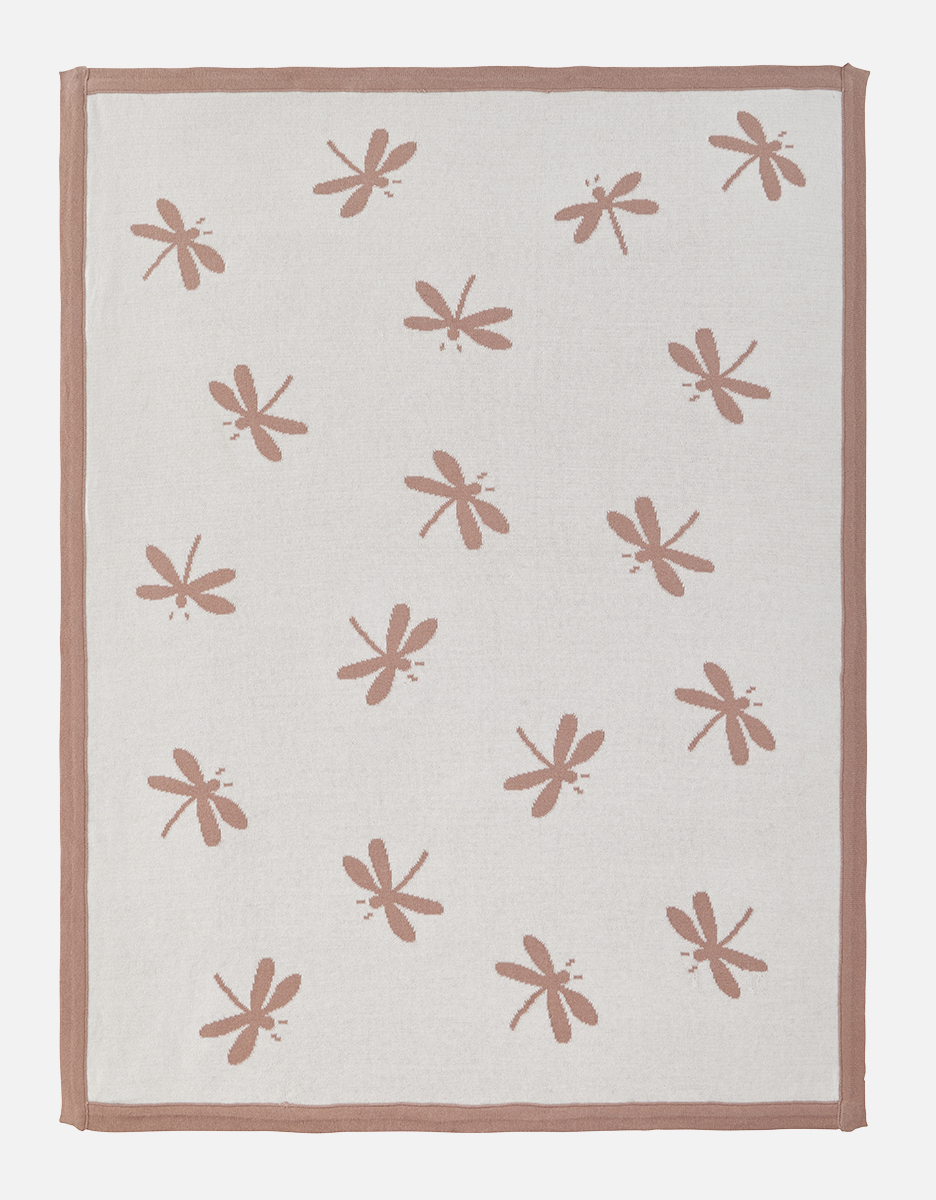BIO cotton blanket 75 x 100 cm with dragonflies, ecru/powder pink