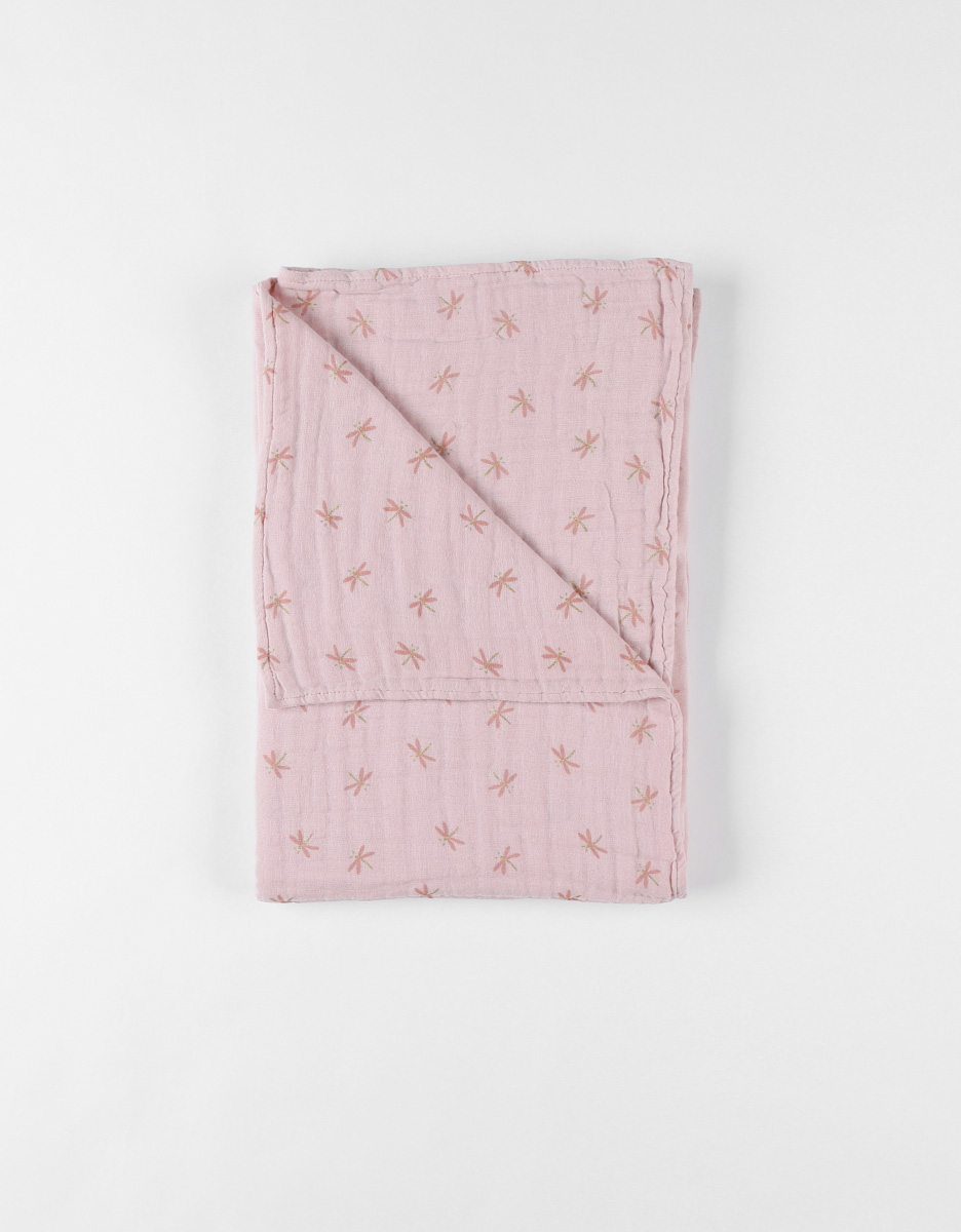 Cotton muslin blanket with dragonflies, powder pink
