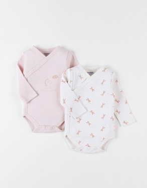 Set of 2 cotton crossover bodysuits with Popsie, ecru/light pink