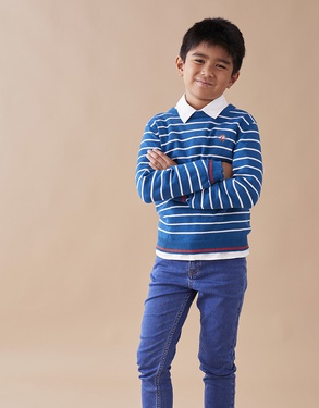 Striped knitted sweater, blue/white