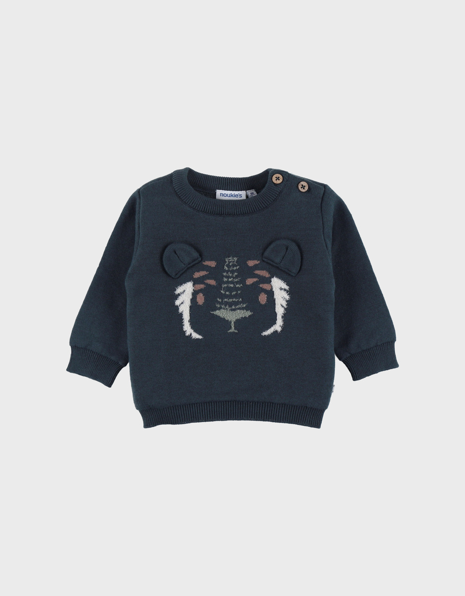 Blue knit sweater with tiger pattern
