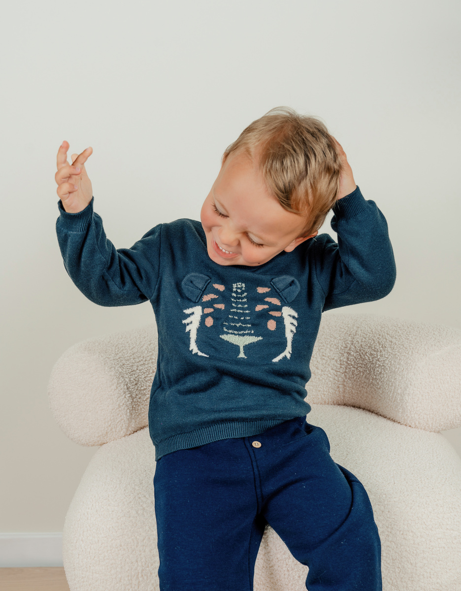 Blue knit sweater with tiger pattern
