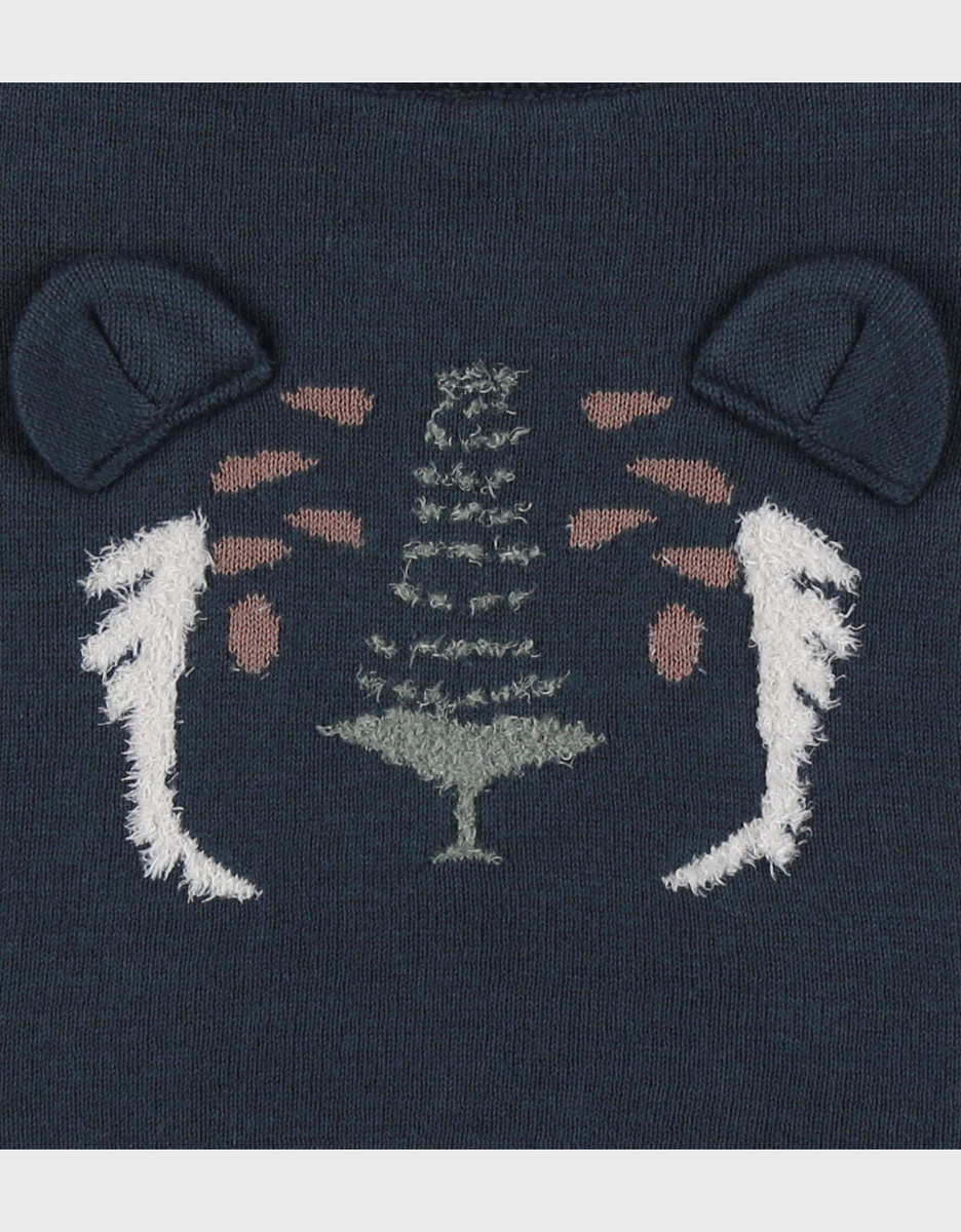Blue knit sweater with tiger pattern
