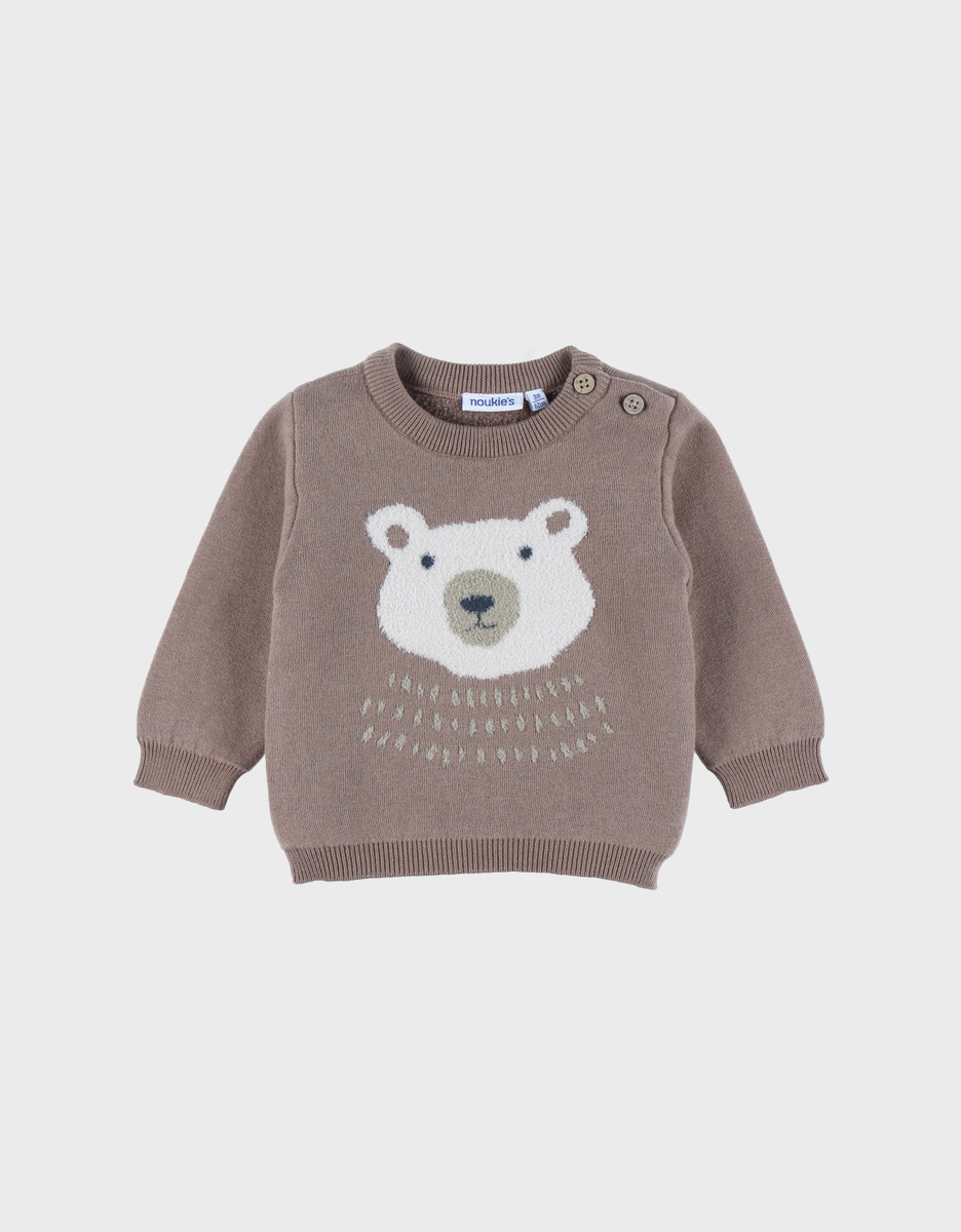 Brown knit sweater with bear pattern

