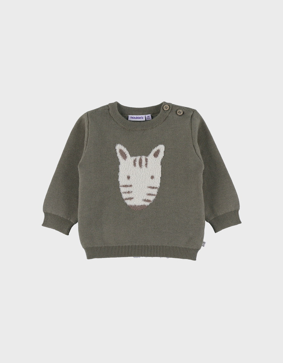 Khaki knit sweater with zebra pattern
