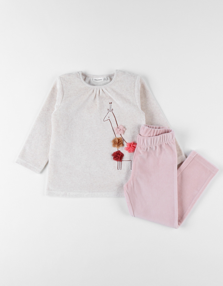 Pyjama 2 pièces en velours, beige/rose poudré