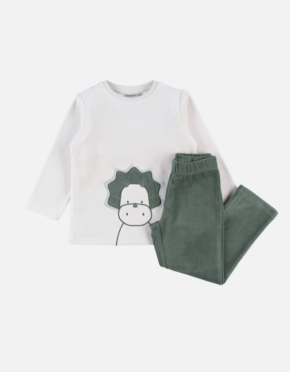 2-delige pyjama Ops uit fluweel, brosgroen/lichtbeige