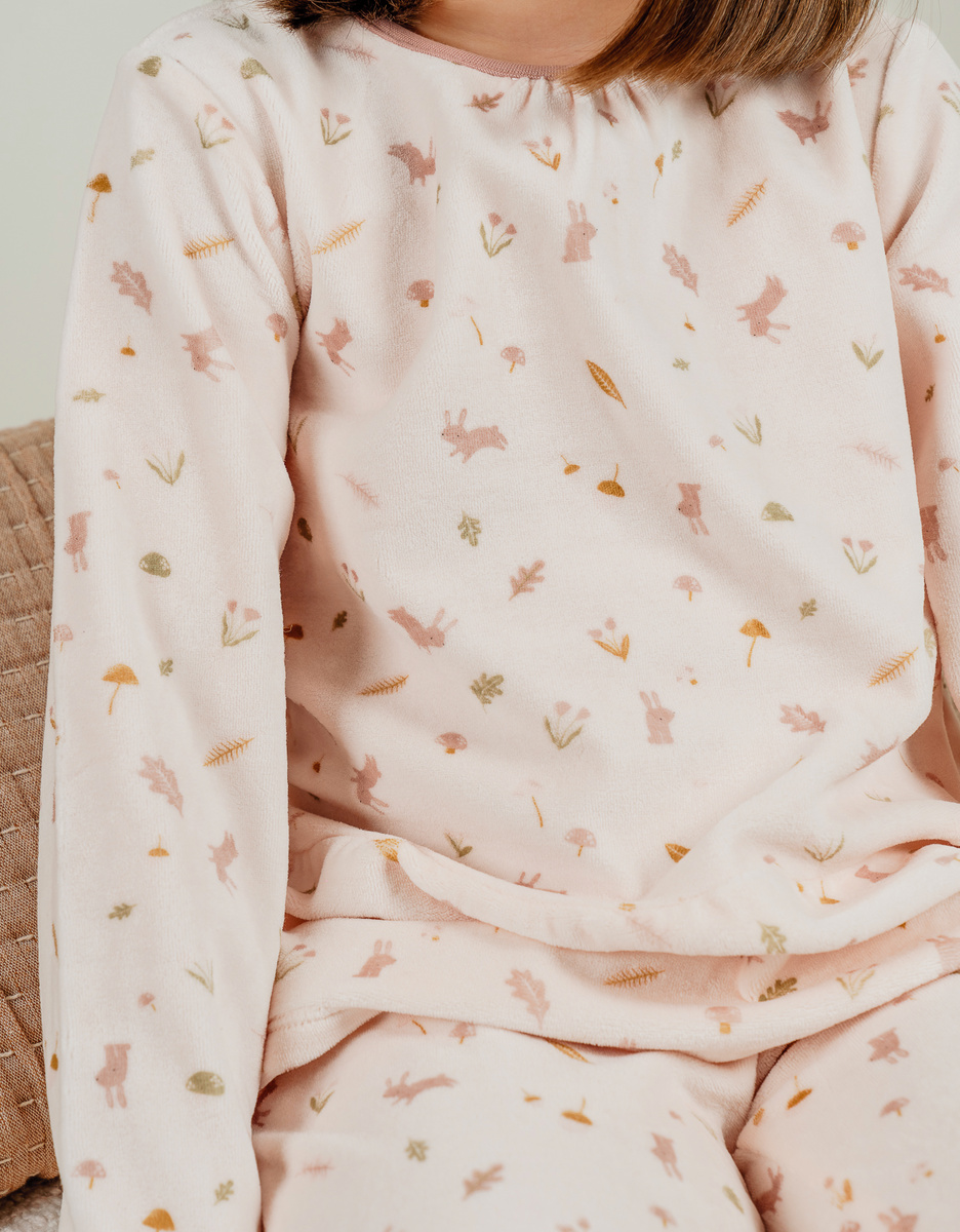 Pyjamaset van velours in roze met bloemen en konijn
