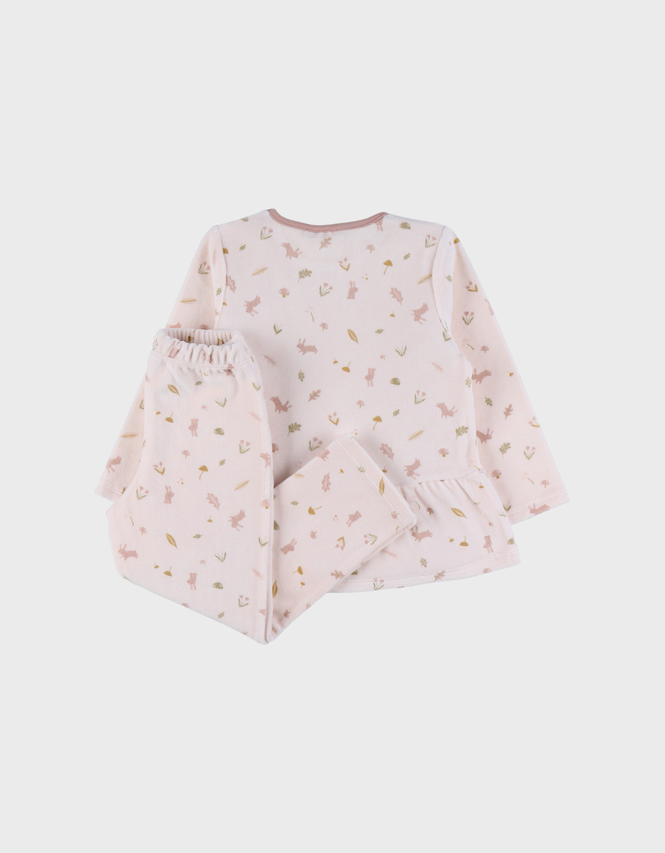 Pyjamaset van velours in roze met bloemen en konijn
