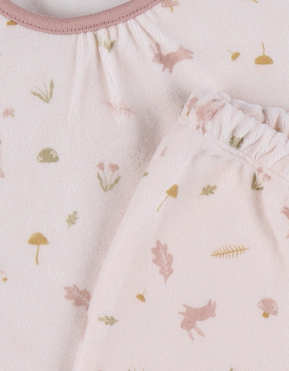 Pyjamaset van velours in roze met bloemen en konijn
