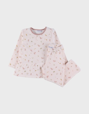 Pyjamaset van velours in roze met bloemen en konijn
