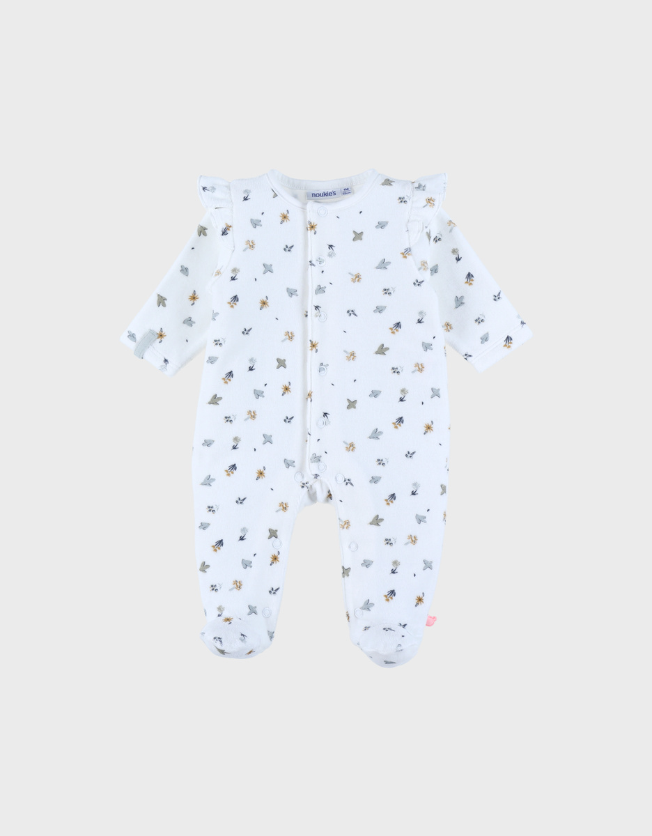 Witte velours baby pyjama met vogelprint
