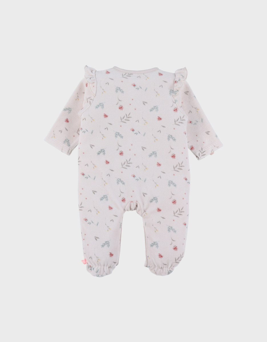 Lichtroze velours baby pyjama met bloemenprint en ruches
