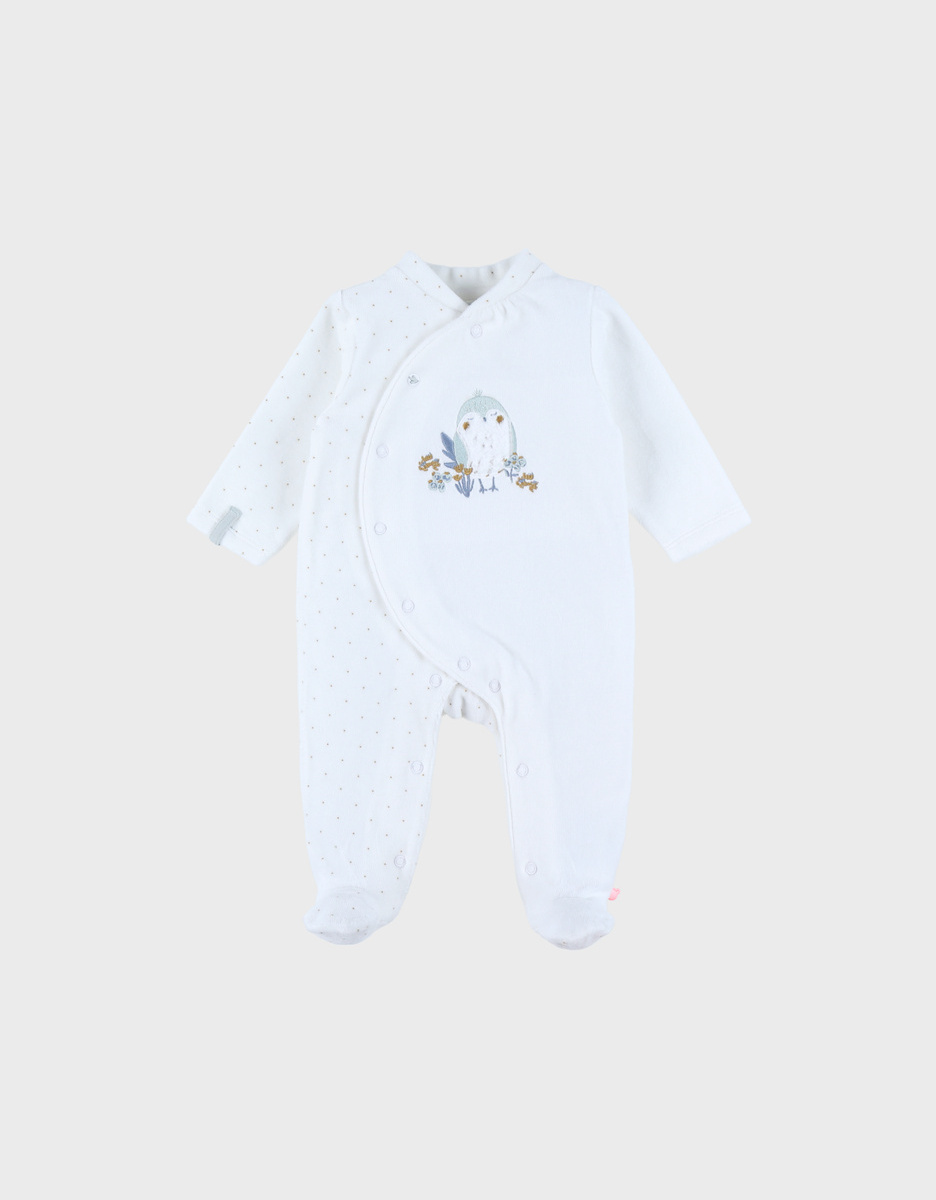 Baby pyjama van witte velours met vogelborduursel
