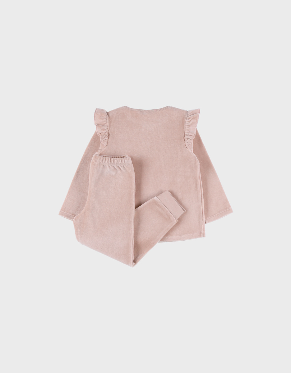 Pyjamaset van velours in roze met konijnenborduursel
