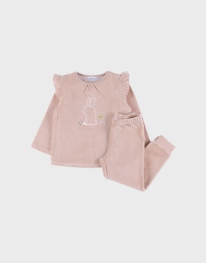Pyjamaset van velours in roze met konijnenborduursel
