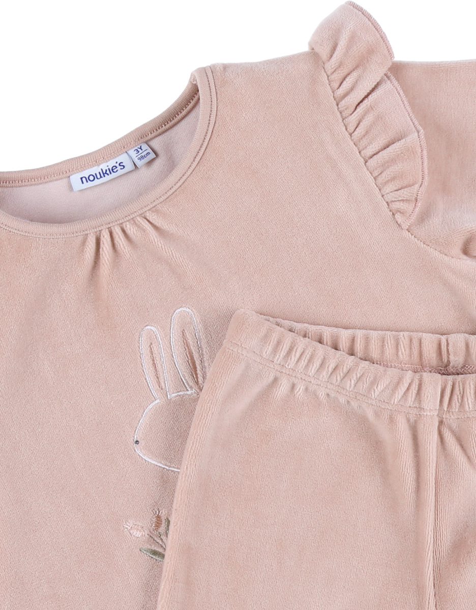 Pyjama 2 pièces en velours rose avec broderie lapin