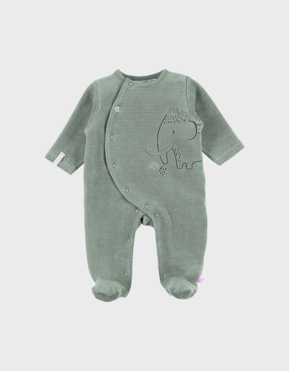 Pyjama bébé en velours vert avec broderie éléphant
