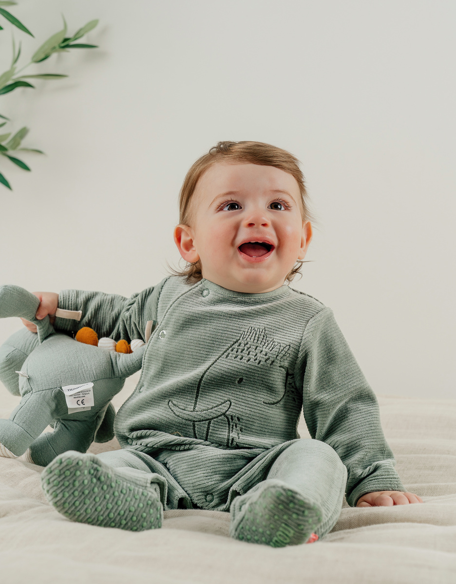 Green baby pyjama with elephant embroidery in corduroy velvet
