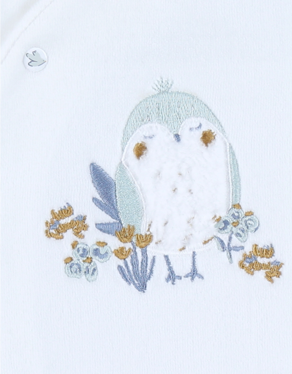 Baby pyjamas in white velour with bird embroidery
