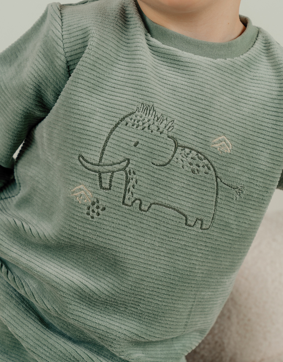 Green velvet pyjama set with mammoth embroidery
