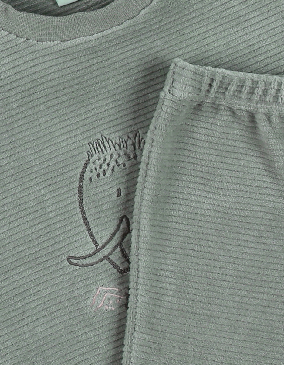 Green velvet pyjama set with mammoth embroidery
