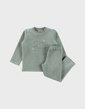 Green velvet pyjama set with mammoth embroidery
