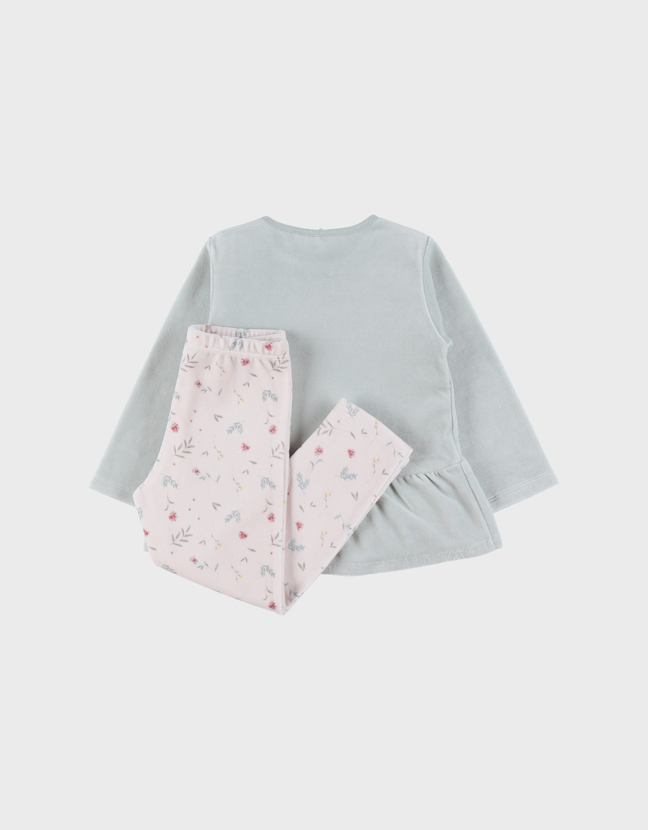 Pyjamaset van velours in groen en roze
