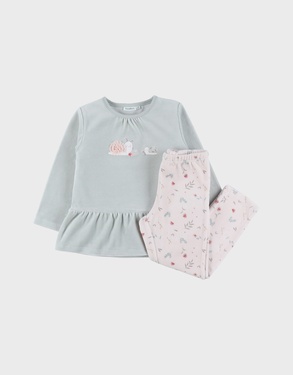 Pyjamaset van velours in groen en roze
