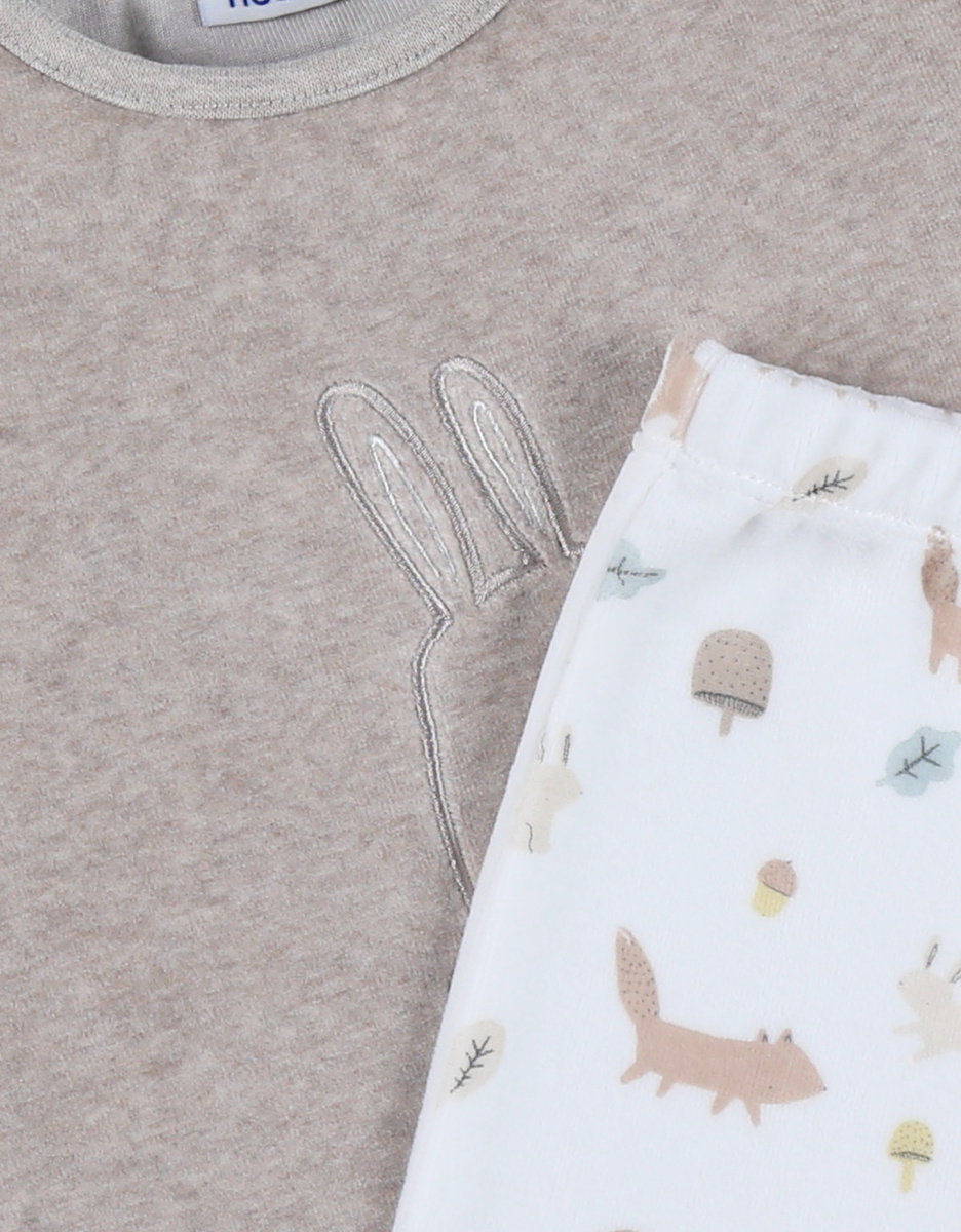 Beige velour pyjamas set with embroidered bunny
