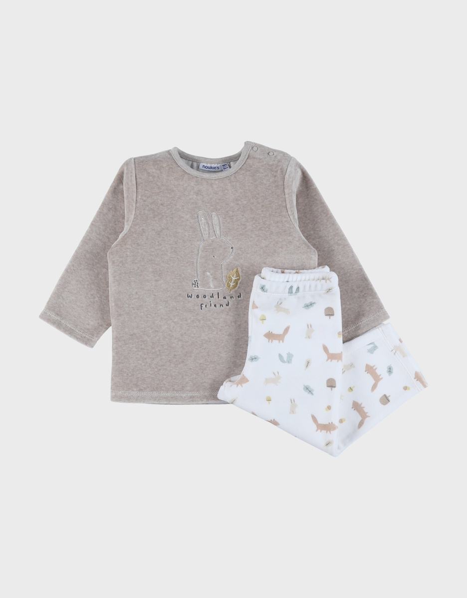 Beige velour pyjamas set with embroidered bunny