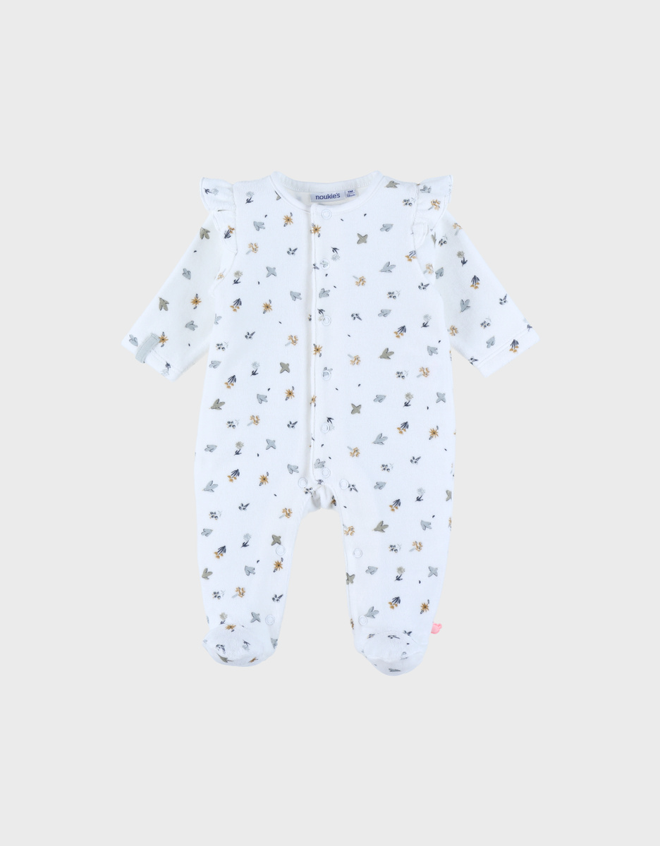 White velour baby pyjamas with bird print
