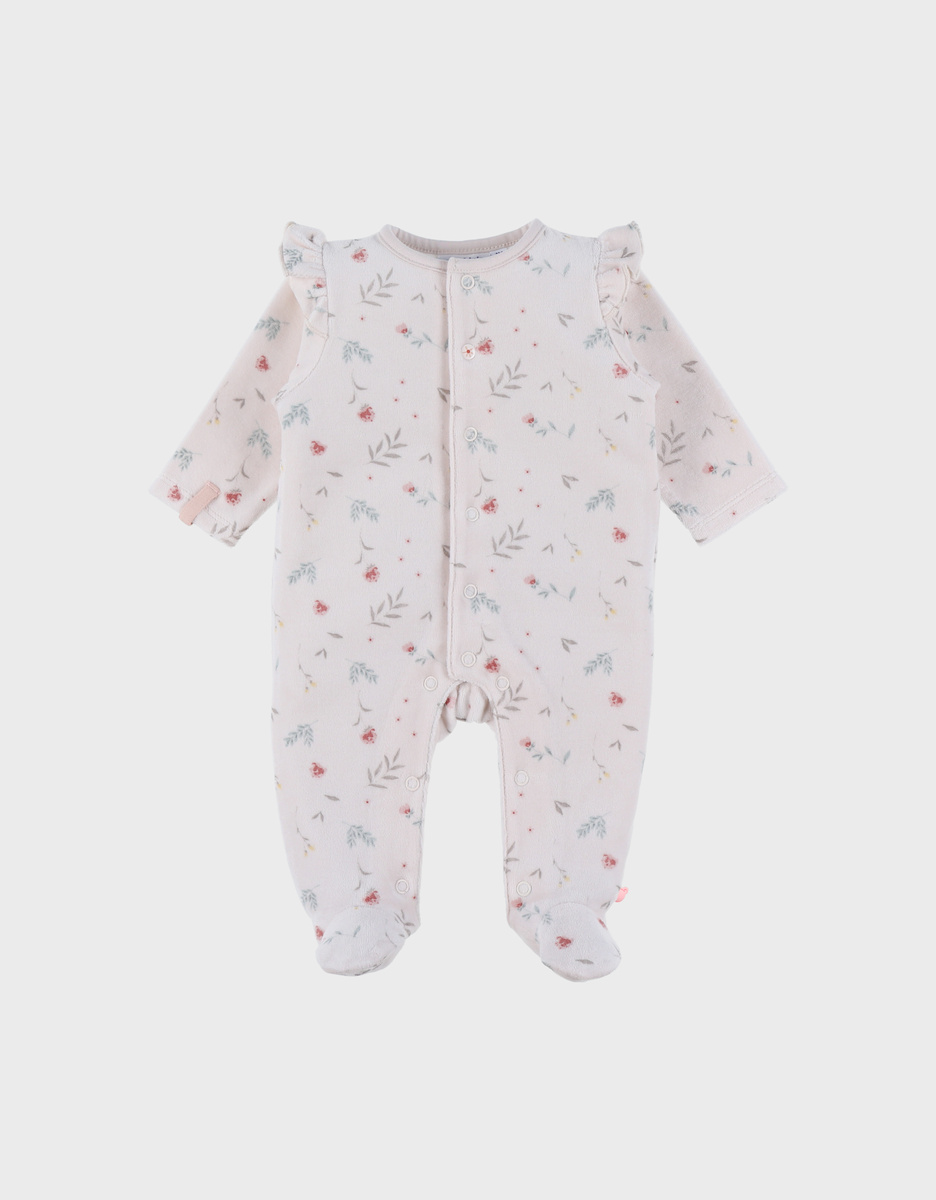 Light pink velour baby pyjamas with floral print and ruffles
