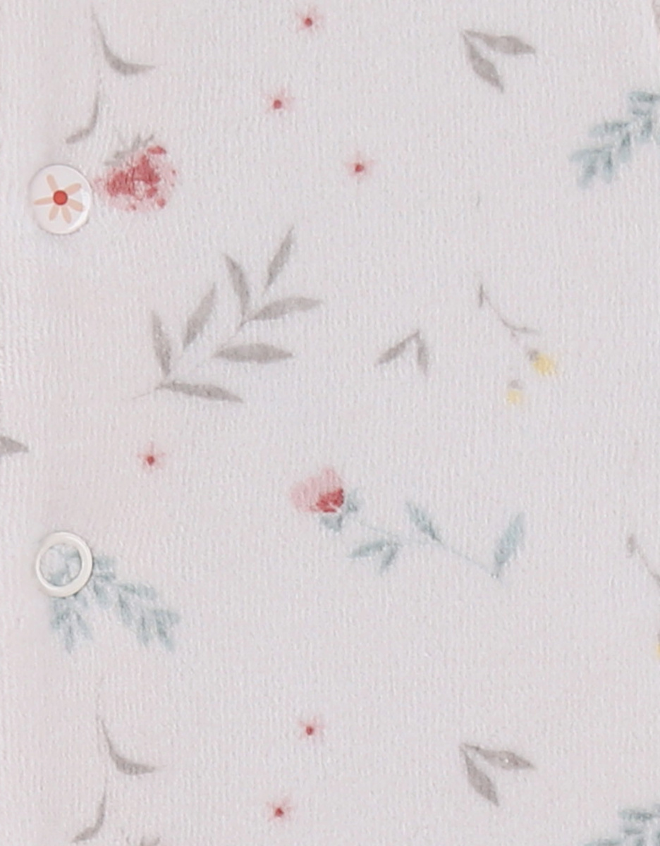 Light pink velour baby pyjamas with floral print and ruffles
