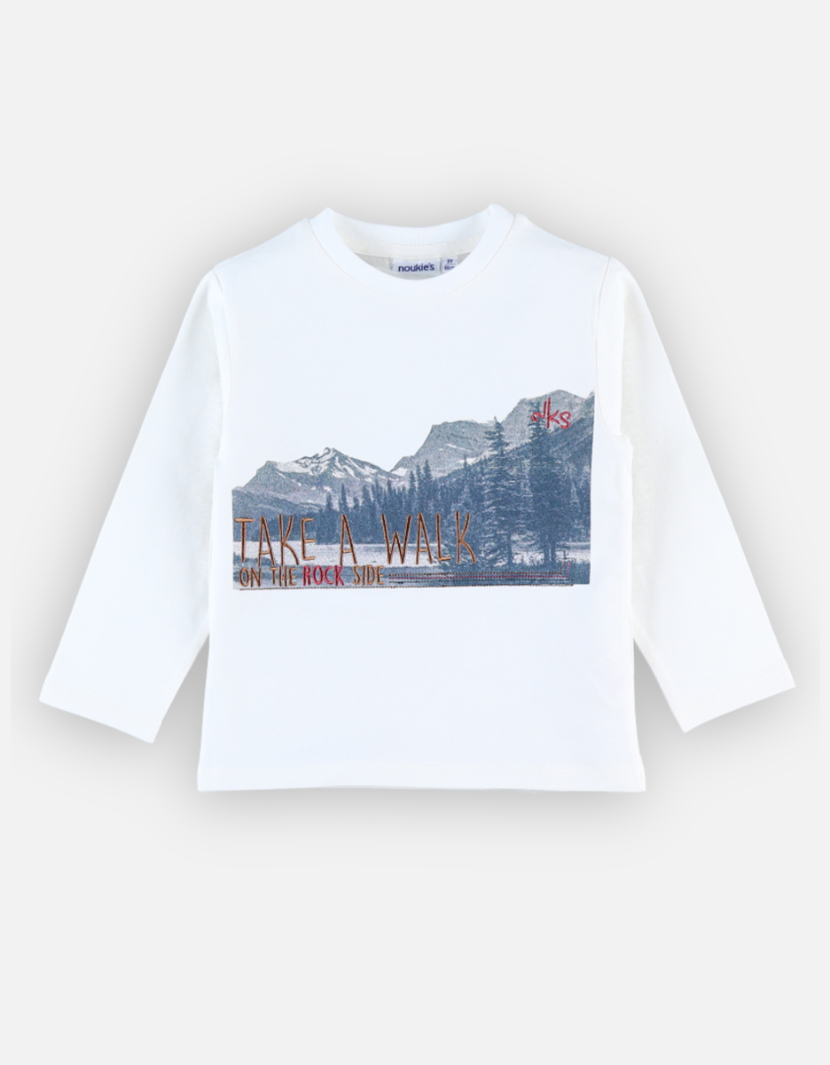 T-shirt met lange mouwen en bergen print, ecru