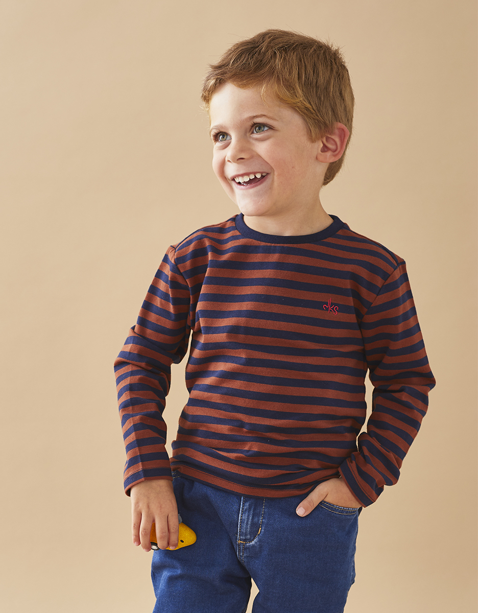 Gestreepte t-shirt met lange mouwen, donkerblauw/caramel