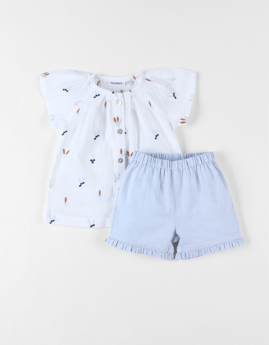 Floral embroidered blouse + shorts set, off-white/light blue