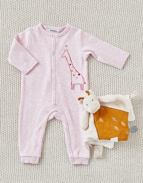 Jersey onesie pyjamas with a giraffe print, pink