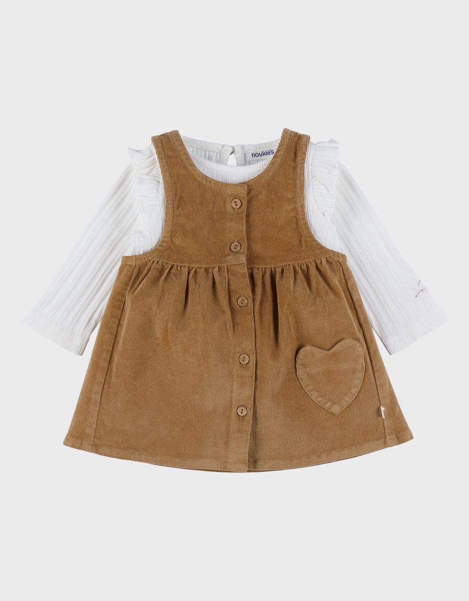 Set bruine denim salopette en wit T-shirt
