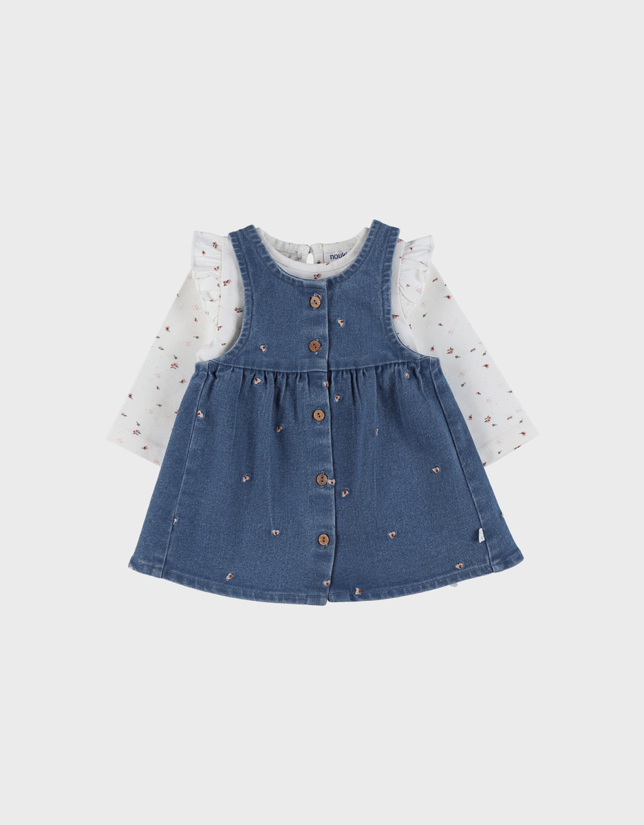 Set denim salopette blauw en wit T-shirt
