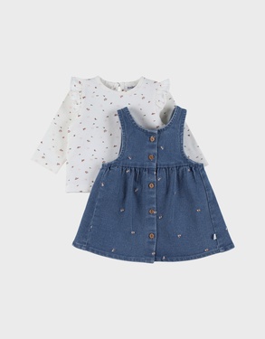 Set denim salopette blauw en wit T-shirt
