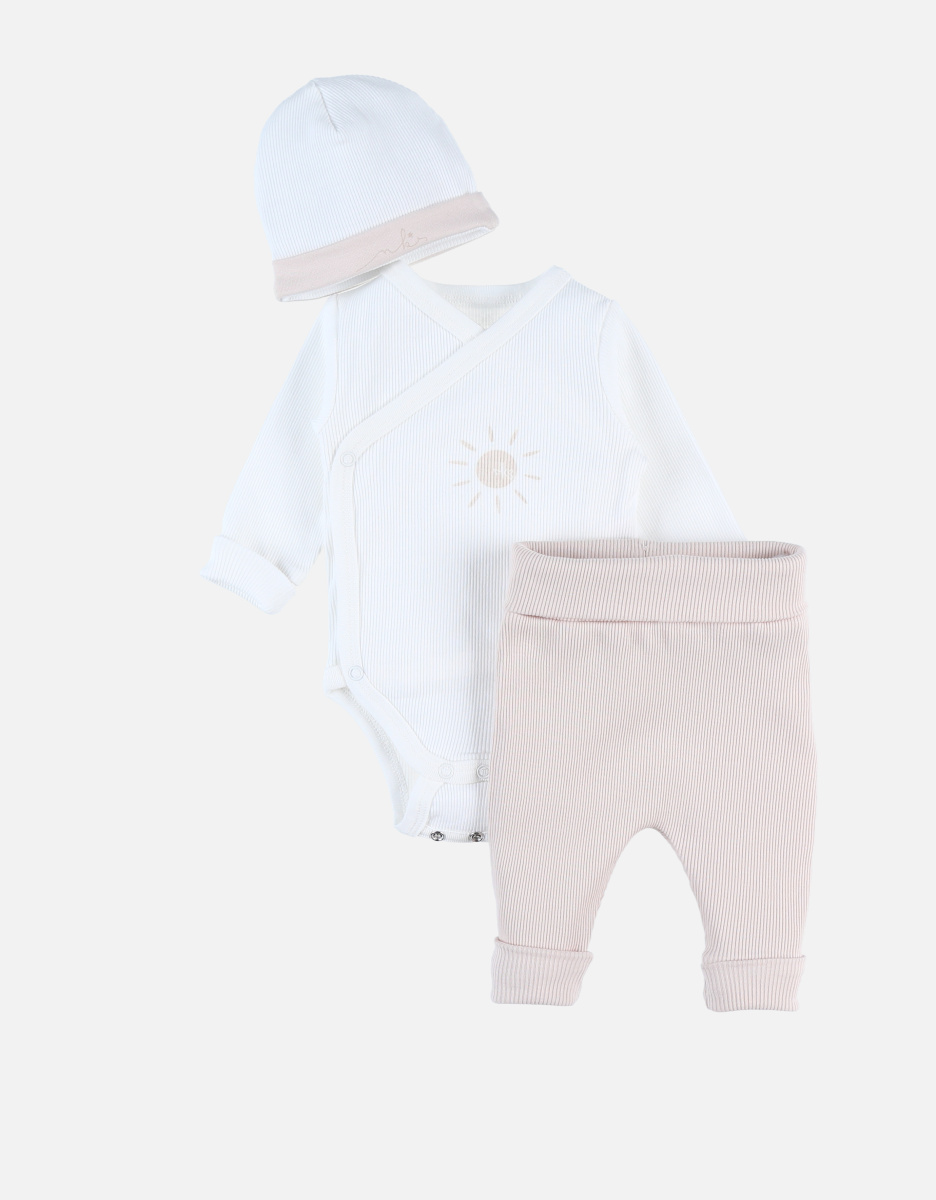 Bodysuit + leggings + beanie set, light pink/off-white