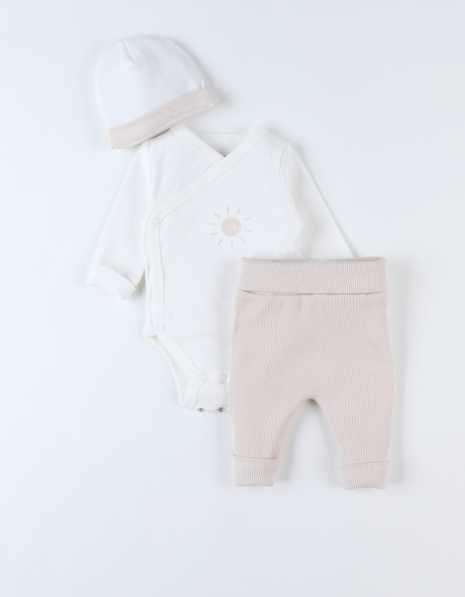 Set body + legging + bonnet, rose clair /écru