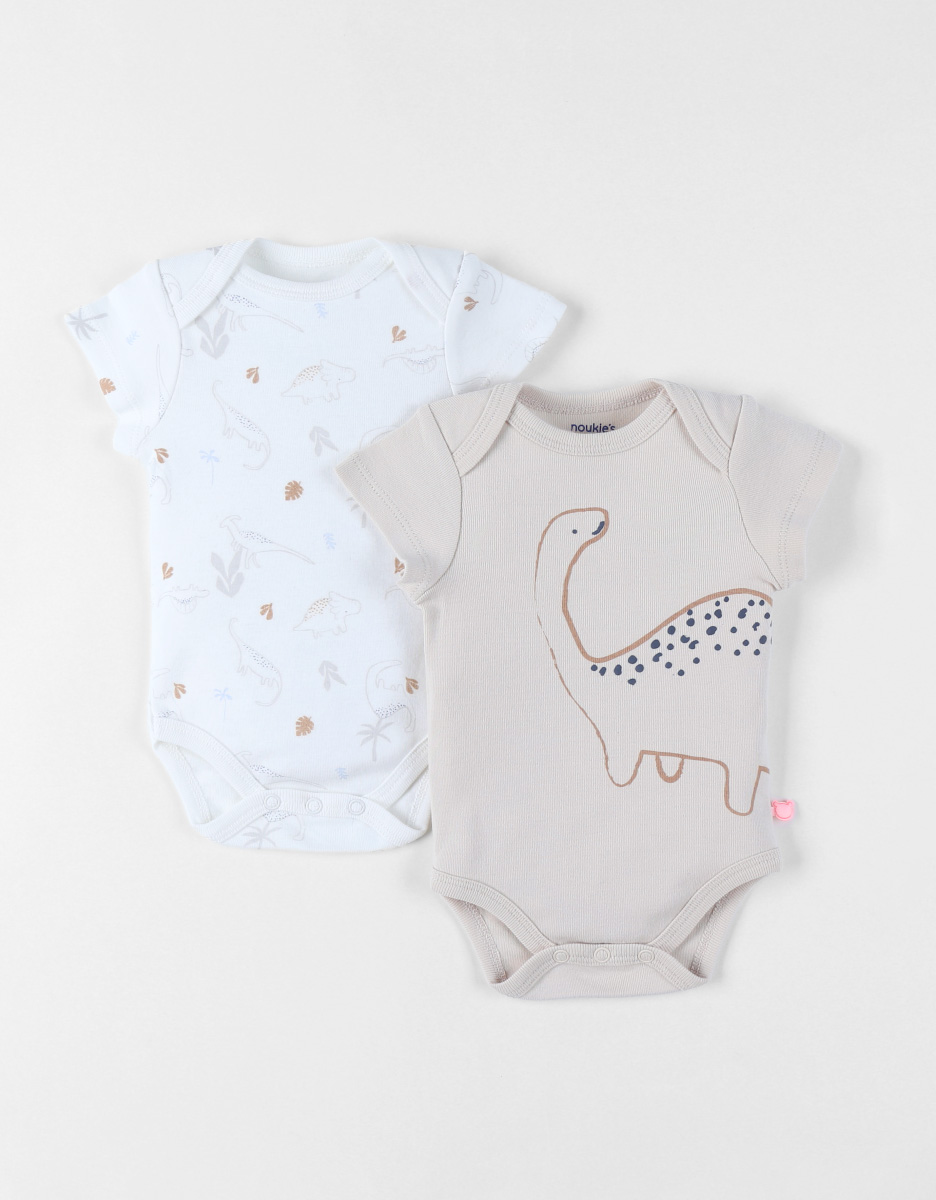 Set with 2 lion cotton bodysuits, off-white/light blue