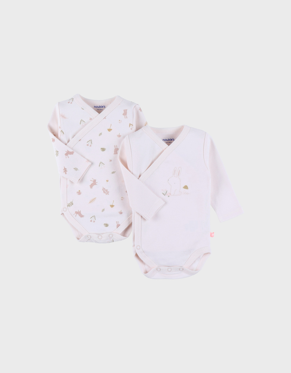 Set van 2 katoenen body's motief konijn rose poudre
