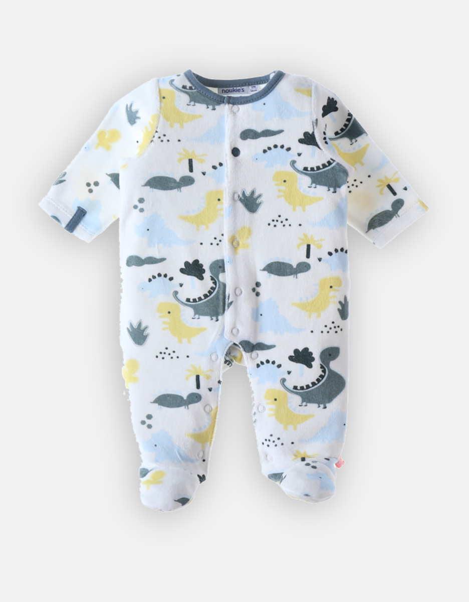 Fluwelen 1-delige pyjama met dinosaurussenprint, ecru/blauw
