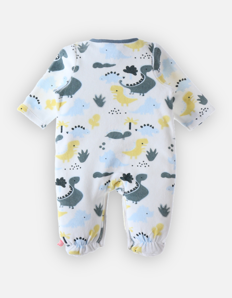 Velvet 1-piece pyjamas with dinosaur print, off-white/blue