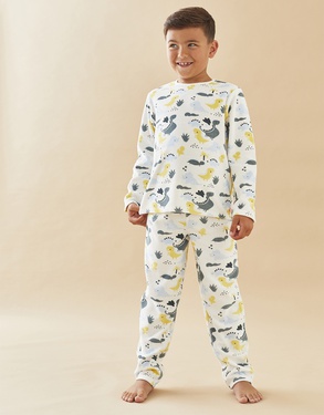Velvet 2-piece pyjamas with dinosaur print, off-white/blue