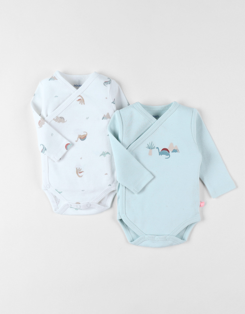 Pack of 2 cotton bodysuits, light blue/ecru