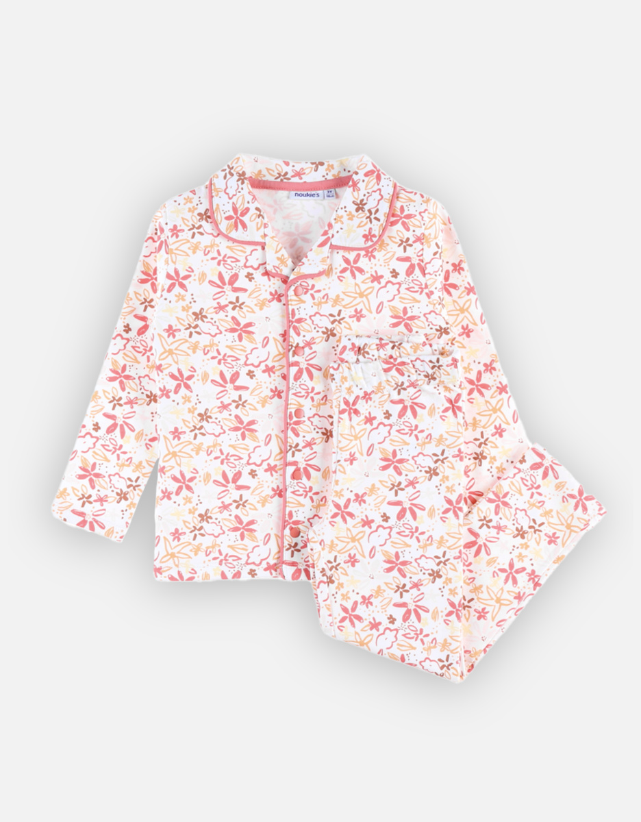 Bio katoenen 2-delige pyjama met bloemetjes, ecru/roos